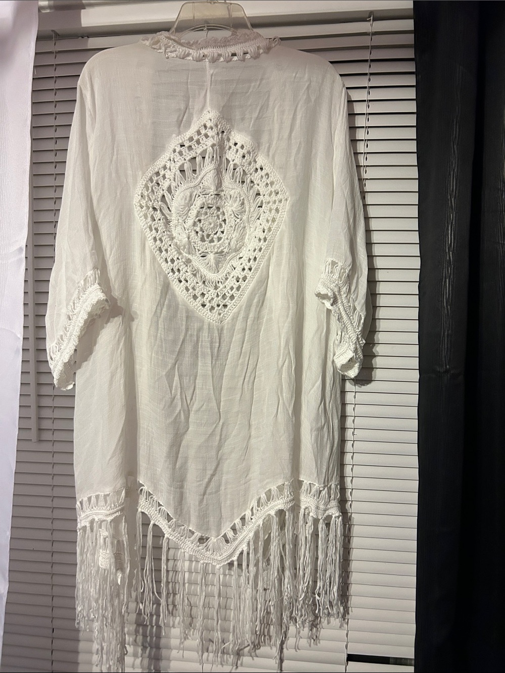 Vivid Crochet Fringe Kimono Cover-Up in White - Picture 2 of 3
